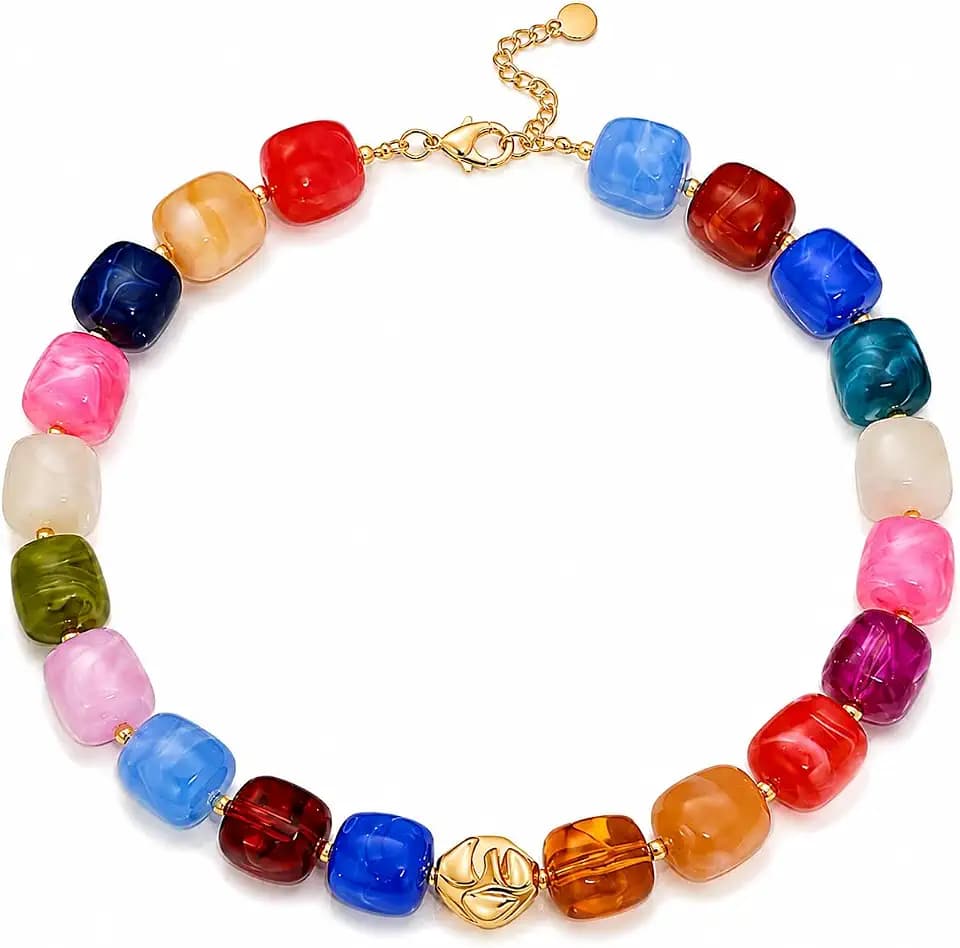Colorful Beaded Necklace for Women Trendy, Chunky Resin Bead Statement Necklace, Multi Colored Boho Necklace, Bold Summer Vacation Jewelry, Funky Large Bead Necklace