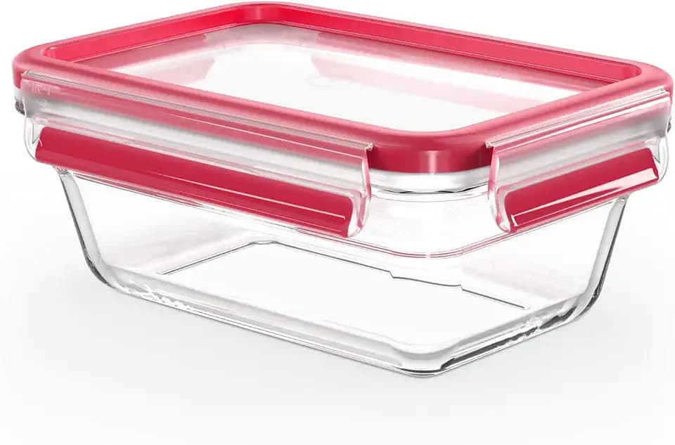 EMSA Clip & Close Glas Frischhaltedose, rechteckig, 0,85 L, 100 Prozent dicht, rutschfestes Stapeln, Glasbehälter spülmaschinen-, gefrier-, backofen-, mikrowellenfest, Rot, Transparent, N10408