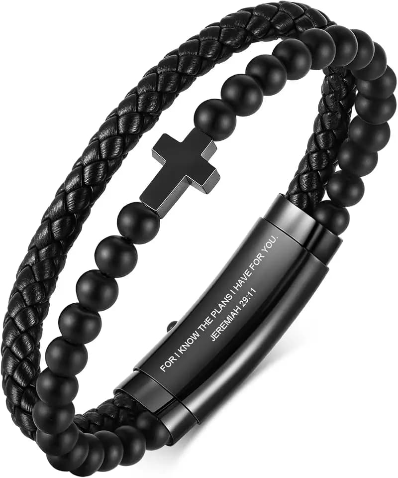 VNOX Mens Cross Bracelet Gift for Men - Double-Row Black Braided Leather Bracelets for Men,Stainless Steel Bible Verse Jewelry With Black Onyx Beads Bracelets Religious Christmas Gifts for Christian