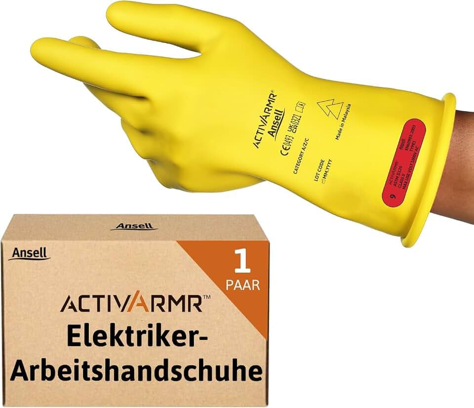 Ansell ActivArmr Elektriker-Schutzhandschuhe, Elektroschutz Klass 0 (1000V), Elektrisch Isolierende Gummihandschuhe, Professionelle Arbeitshandschuhe 28cm, Gelb, Größe M (1 Paar)