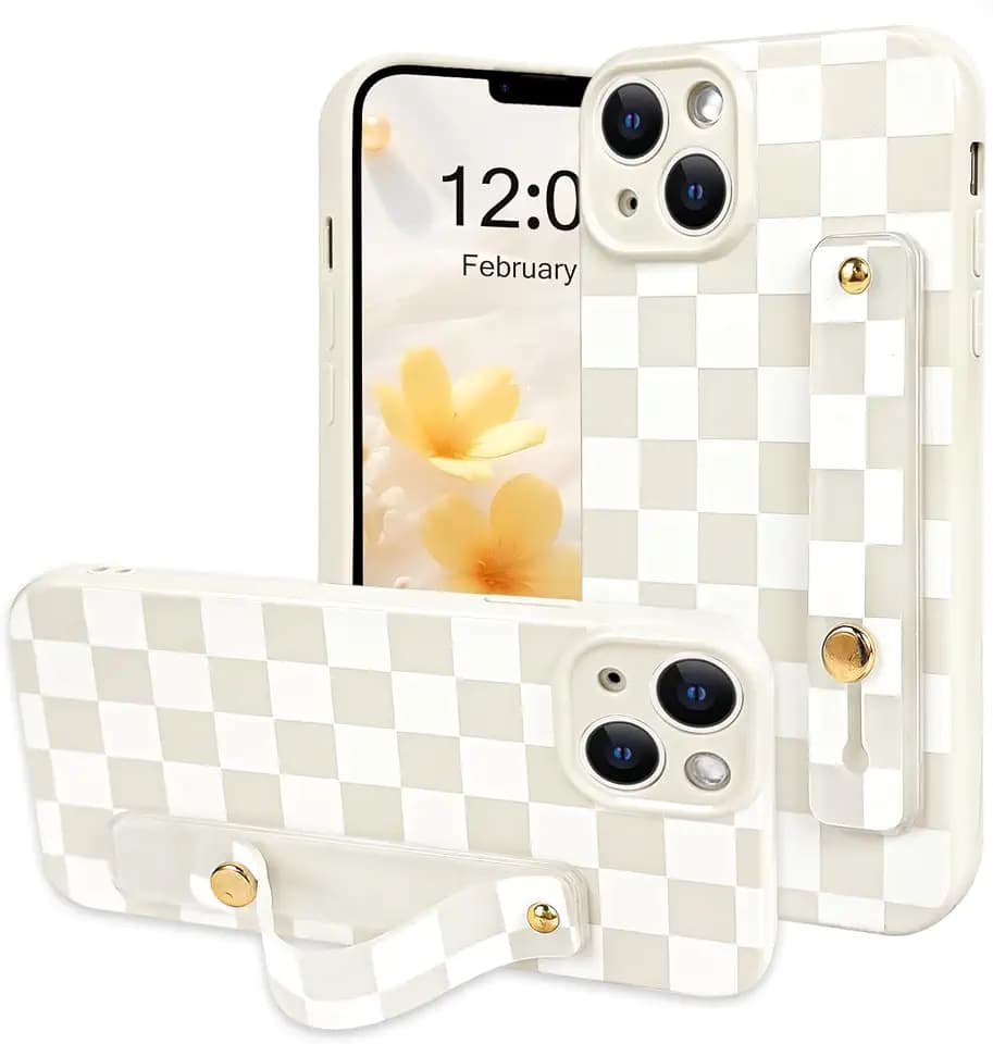 NITITOP for iPhone 14 Plus Case with Strap Plaid - White