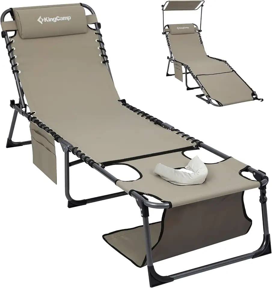 KingCamp 400LBS Lounge Chair with Face Hole & Canopy Shade, Beige 1‑Pack