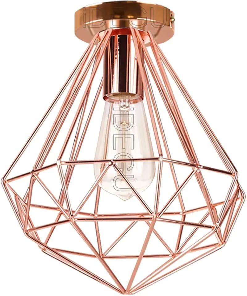 iDEGU Deckenleuchte Retro Ø250 mm E27 Licht Vintage Metall Käfig Hängeleuchte Diamantform Deckenlampe für Schlafzimmer, Café, Bar, Restaurant, Küche - Roségold