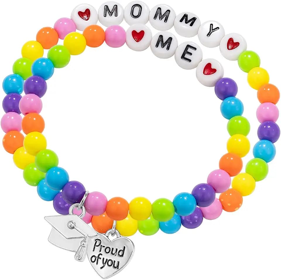 Kindergarten Graduation Bracelet Set for Mommy and Me - Rainbow Beaded Bracelets with Graduation Cap & Proud of You Heart Charms, Kindergarten Graduation Gift for Mom and Daughter/Son