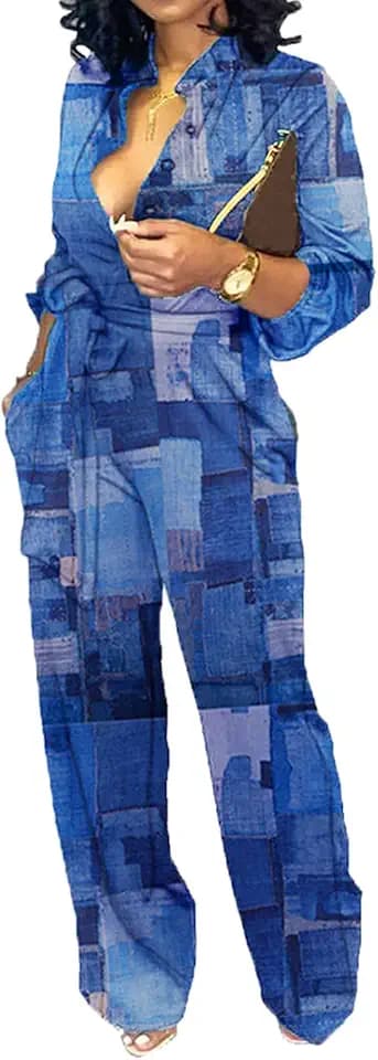 SeNight Women's V Neck Jumpsuit Long Sleeve Straight Leg with Pockets