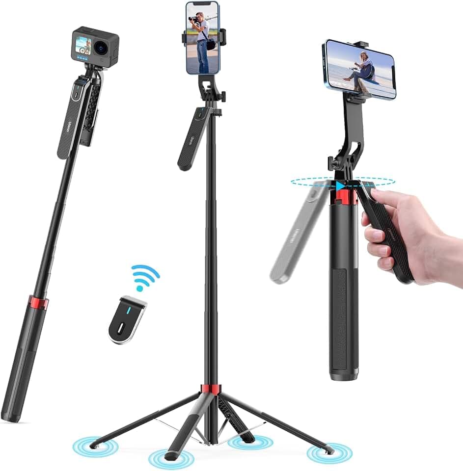 ULANZI MA09 180cm Selfie Stick, 4in1 Quad Handy Stativ Aluminium mit Bluetooth-Fernbedienung, 360° Rotation, 1/4" Gewinde Dreibein Tripod Handyhalterung Kompatibel mit DSLR Samsung iPhone Actioncam