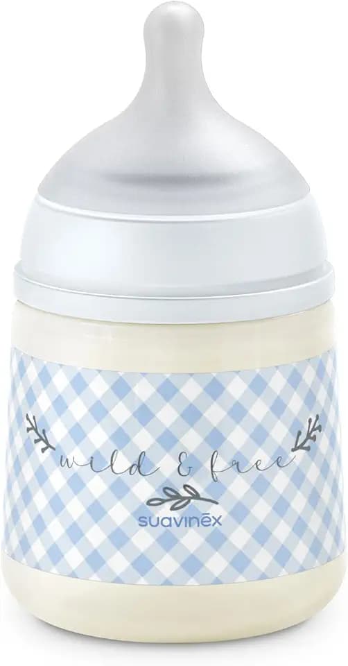 Suavinex, Babyflasche 150 ml mit SX Pro Physiologischem Silikon-Sauger, Antikolik-Flasche mit langsamem Fluss (S), Ideal Muttermilch oder Wasser, für Neugeborene ab 0 Monaten, Wild&Free Blau