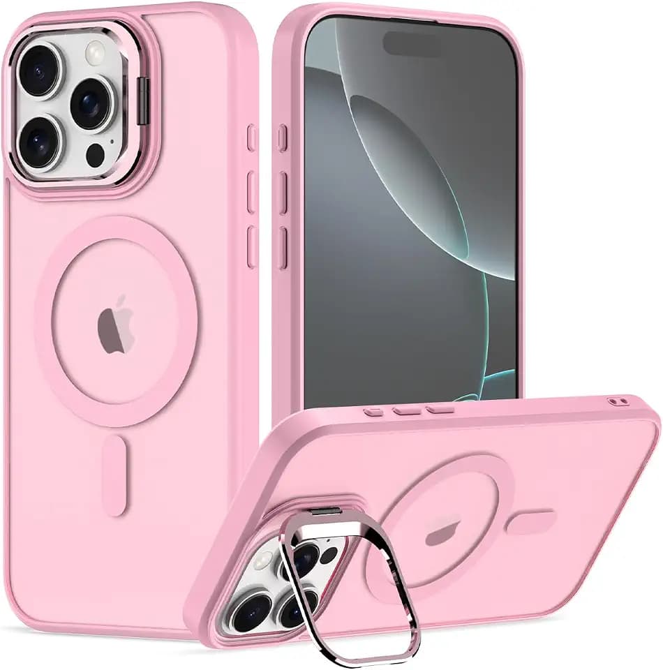 Nvollnoe for iPhone 16 Pro Max Case Compatible with MagSafe,Military Grade Shockproof Heavy Duty Protective Adjustable Kickstand Matte Semi Clear Phone Case for iPhone 16 Pro Max(Pink)