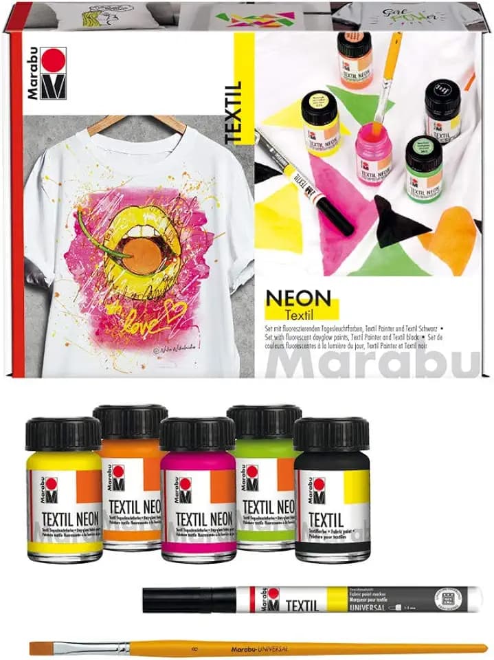 Marabu 1711000000080 - Textil Neon Set, fluoreszierende, intensive Tageslichtfarbe für helle Textilien, leuchtet im Schwarzlicht, 4 x 15 ml Neonfarbe, 15 ml Textilfarbe, Textil Painter und Pinsel