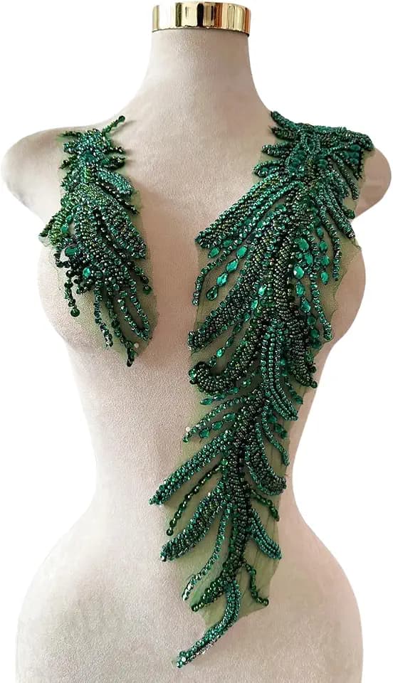 Handmade Crystal on lace Applique Sewing Rhinestones Beads Sequins Patches Trim Luxury Decoration Accessories for Wedding Dress 2PCS/Set 26.3X4.7inches (Deepgreen)