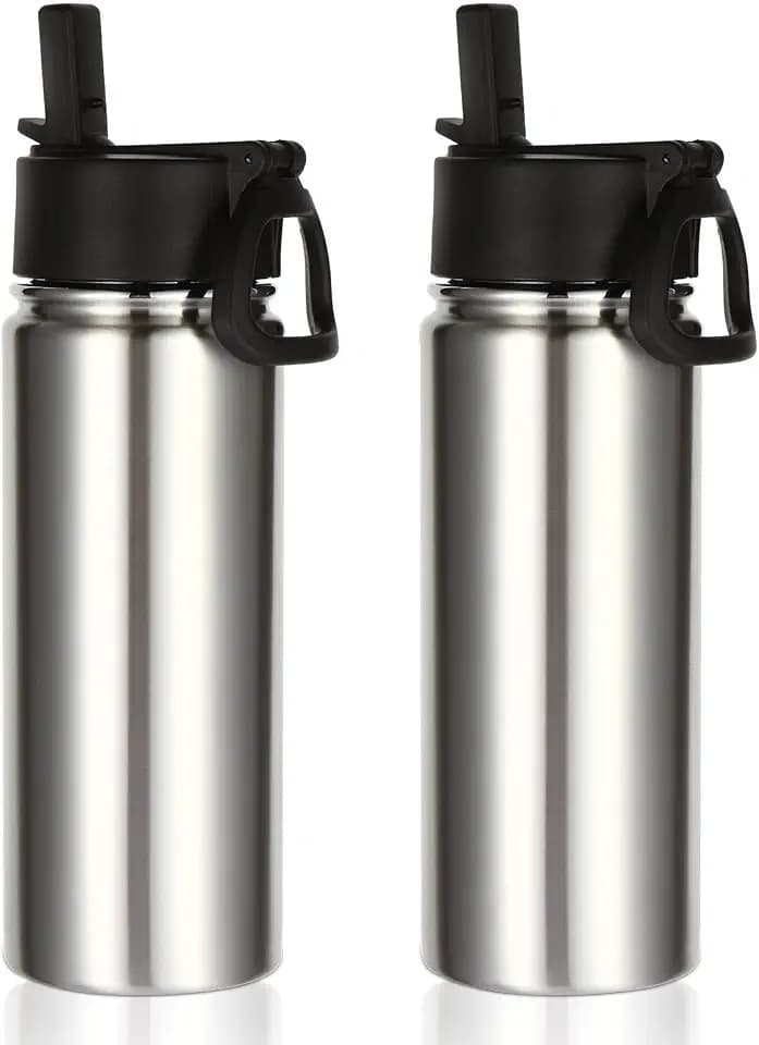 Volhoply 18oz Insulated Water Bottle Bulk 2 Pack,Kids Stainless Steel Water Bottles with Straw,Double Wall Vacuum Metal Water Bottle,Reusable Sports Water Flask For Cold Drink(Silver,2 Set)