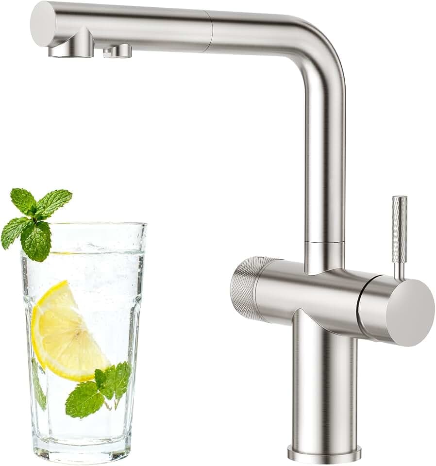 Faustina 3 Wege Küchenarmatur mit Brause ausziehbar, Doppelhebel Armatur Wasserhahn Spültischarmatur Trinkwasserhahn Küche für Osmoseanlage Umkehrosmose und Wasserfilter gebürstet