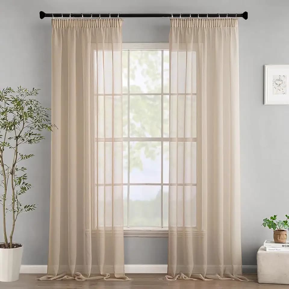 Woaboy Gardinen mit Kräuselband Voile Wohnzimmer 2er Set 140x225 cm Beige
