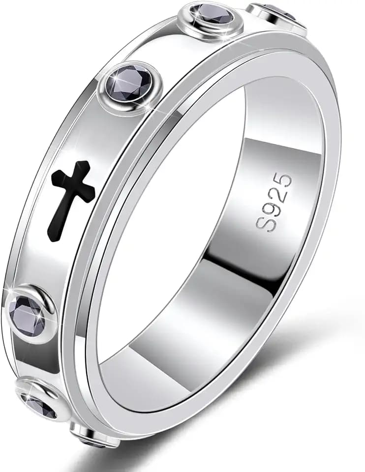 LYTTMAB Sterling S925 Silver Catholic Spinner Finger Rosary Ring For Men