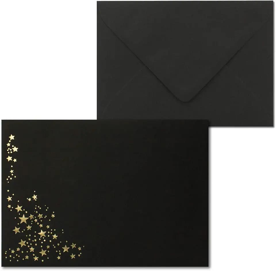 25x Weihnachts-Briefumschläge - DIN C6 - mit Gold-Metallic geprägtem Sternenregen -Farbe: Schwarz- Nassklebung, 120 g/m² - 114 x 162 mm - Marke: GUSTAV NEUSER