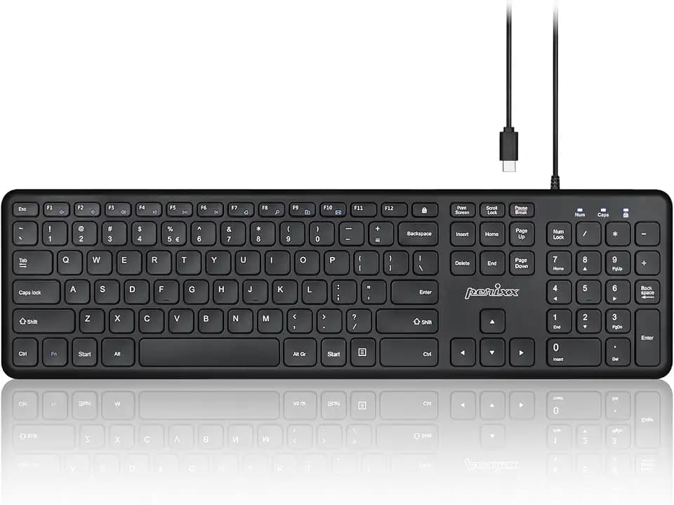 Perixx PERIBOARD-210C Wired Full-Size USB C Keyboard with Quiet Scissor Keys - Compatible with Windows, macOS, and Android Tablet and Laptops - Black - US English