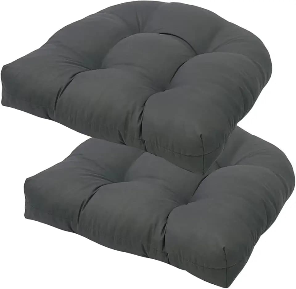 LOMUG Stuhlkissen Outdoor Balkon, 48 x 48 cm Sitzkissen Halbrund 2er Set, Dicke Gartenstuhlauflage mit Bändern, Wasserabweisendes Sitzpolster für Gartenstühle, Rattansessel, Dark Gray
