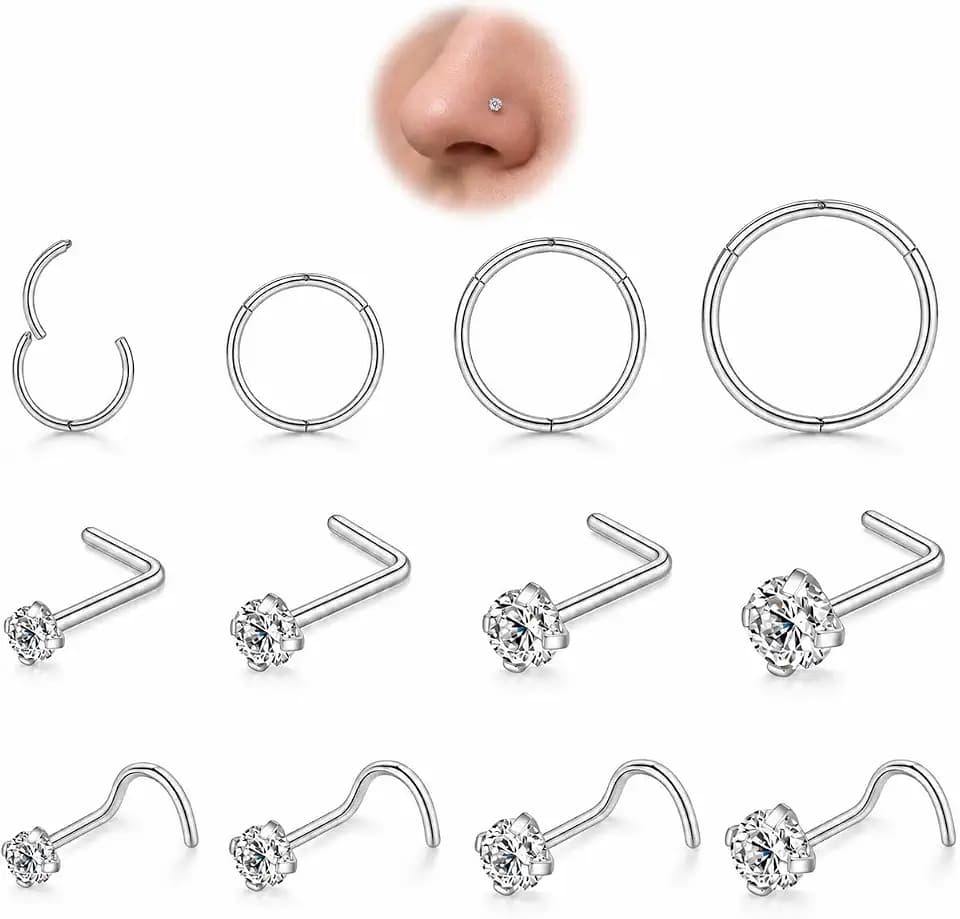 Hypoallergenic 18G 20G Nose Rings, Hoops & Studs Set, 316L Steel