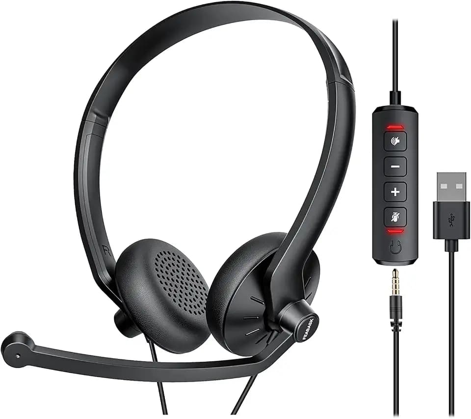 FEABASK USB Headset with Microphone for PC Laptop - Wired Computer Headphones with Noise Cancelling Microphone for Home Office Online Class Skype Zoom Meetings,in Line Mute Controls