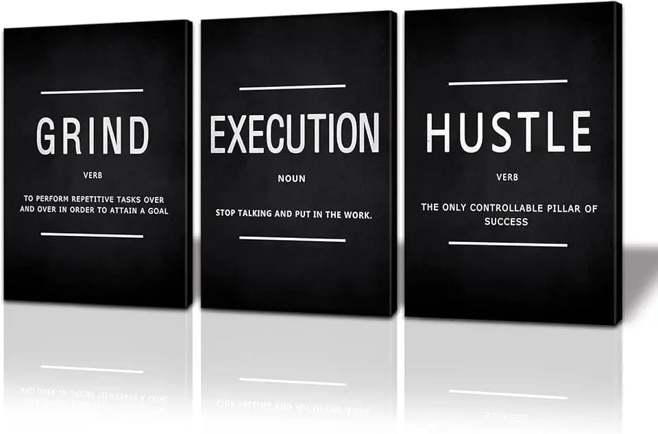 BWSPACE Grind Hustle Execution Wall Art Motivational Wall Decor Office Wall Decor Pictures Posters 3 Pieces Framed Canvas Wall Prints Artwork Home Gym Ready to Hang (48" W x 24" H, GRIND)
