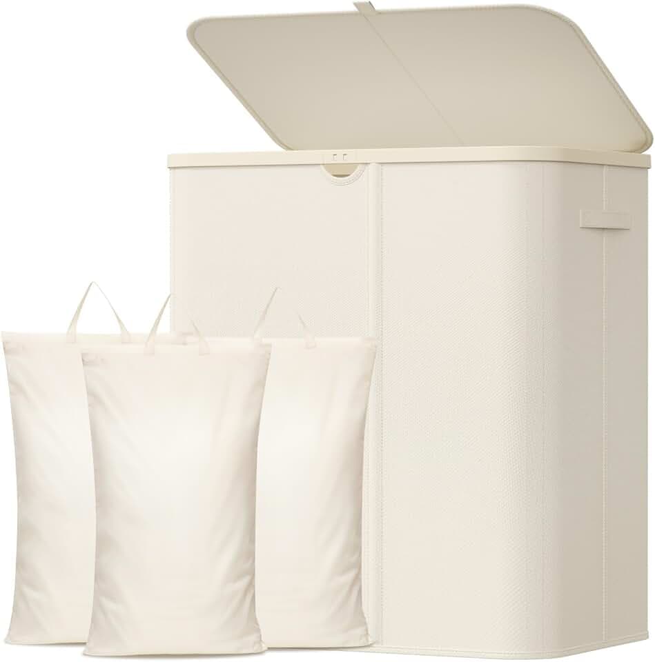 Lifewit 165L Wäschekorb mit Deckel und 3 Fächern, Beige