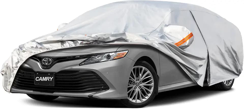 Kayme 6 Layers Car Cover Custom Fit for Toyota Camry Sedan/Solara (1996-2025) Waterproof All Weather for Automobiles, Outdoor Full Cover Rain Sun UV Protection with Zipper Cotton/Silver