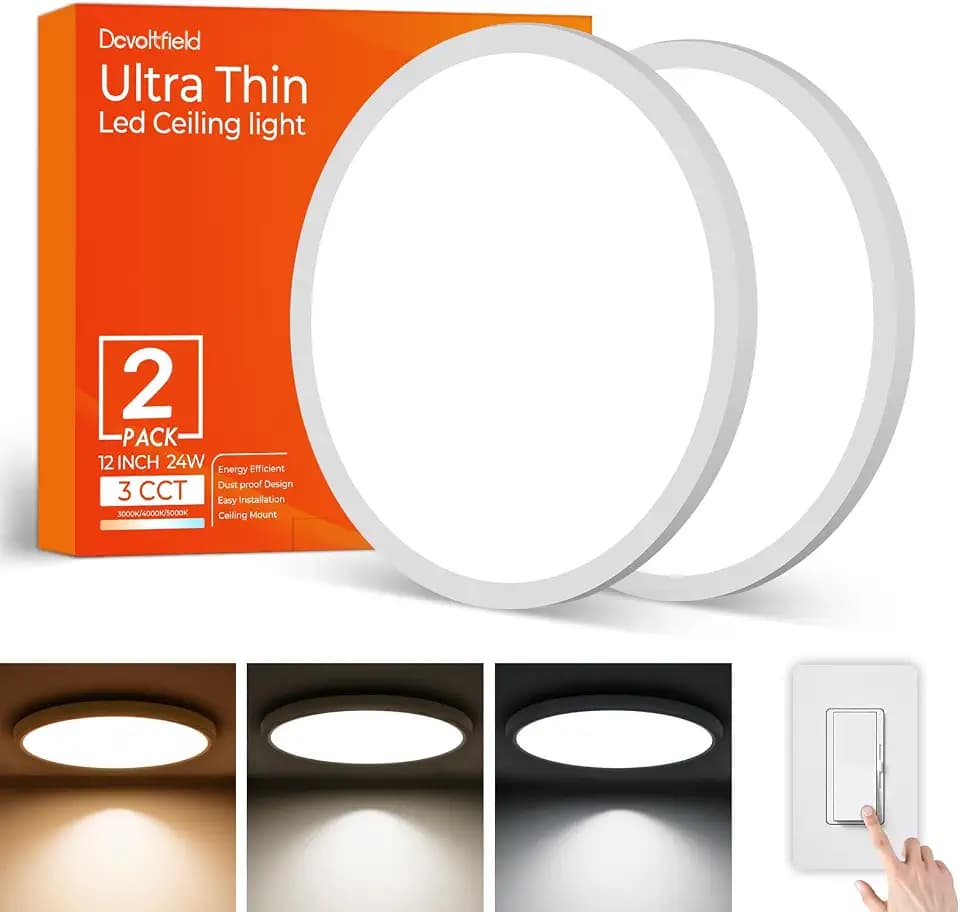 2 Pack 12 Inch LED Flush Mount Ceiling Light Fixture, 24 W 2640LM, Hardwired Dimmable CCT 3000K/4000K/5000K, Round Flat Panel Light for Bedroom, 0.7Inch Thin Mod