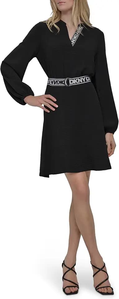 DKNY womens Balloon Sleeve Belted Fit & Flare Mini Dress