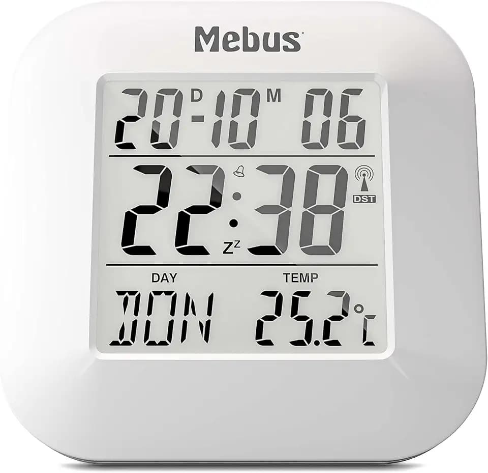 Mebus digitaler Funk-Wecker mit Thermometer, Datumsanzeige und Beleuchtung, Snooze-Funtion, Material: Kunststoff, Farbe: Weiß, Modell: 51511