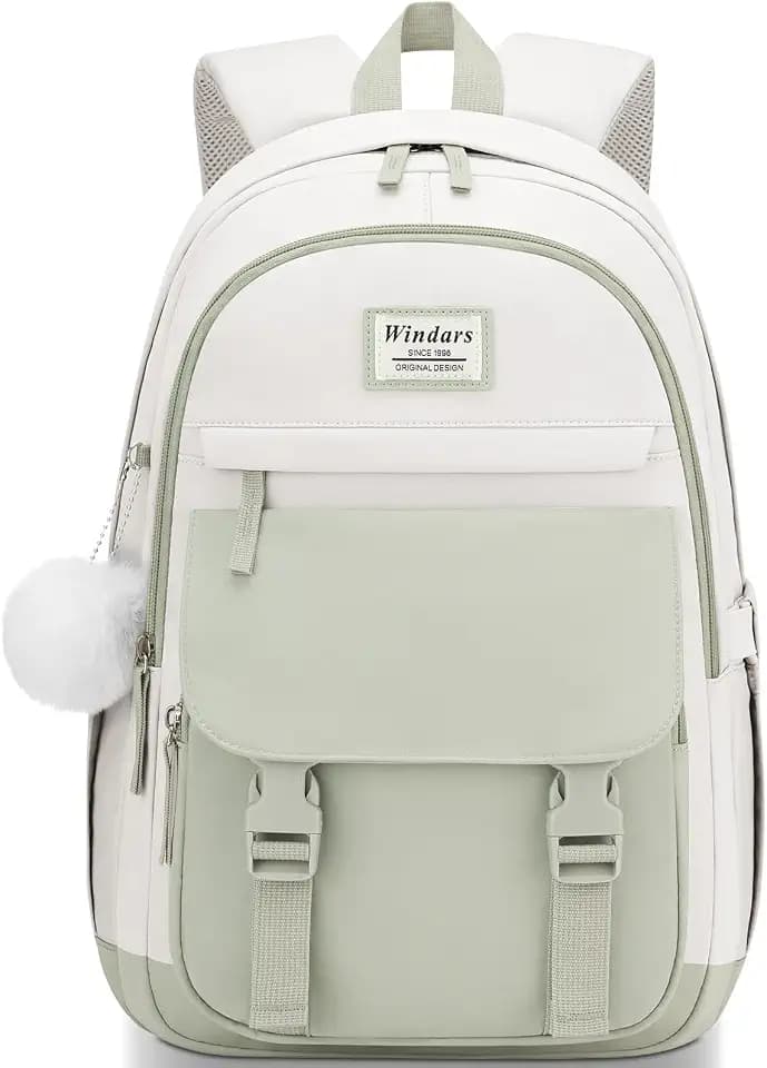 WINDARS School Backpack for Teen Girls, Cute College Backpacks for Women Students Aesthetic Bookbag Large 15.6 Inch Laptop Bag Middle School Travel Back Pack (Green Beige)