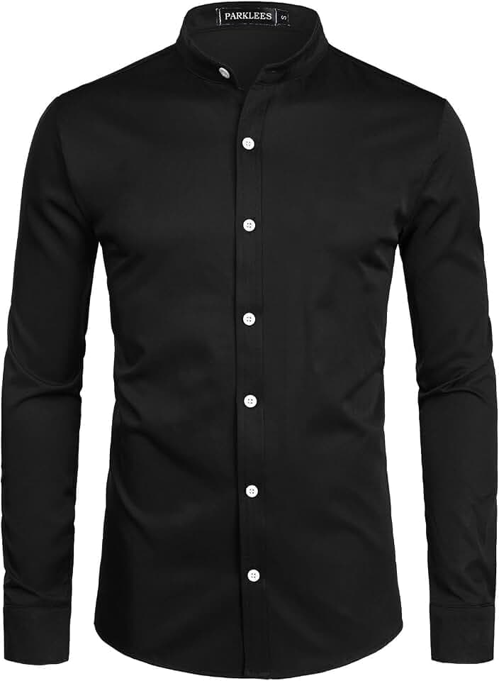 PARKLEES Herren Einfarbig Slim Fit Bügelleicht Langarm Stehhkragen Hemd Business Freizeithemd