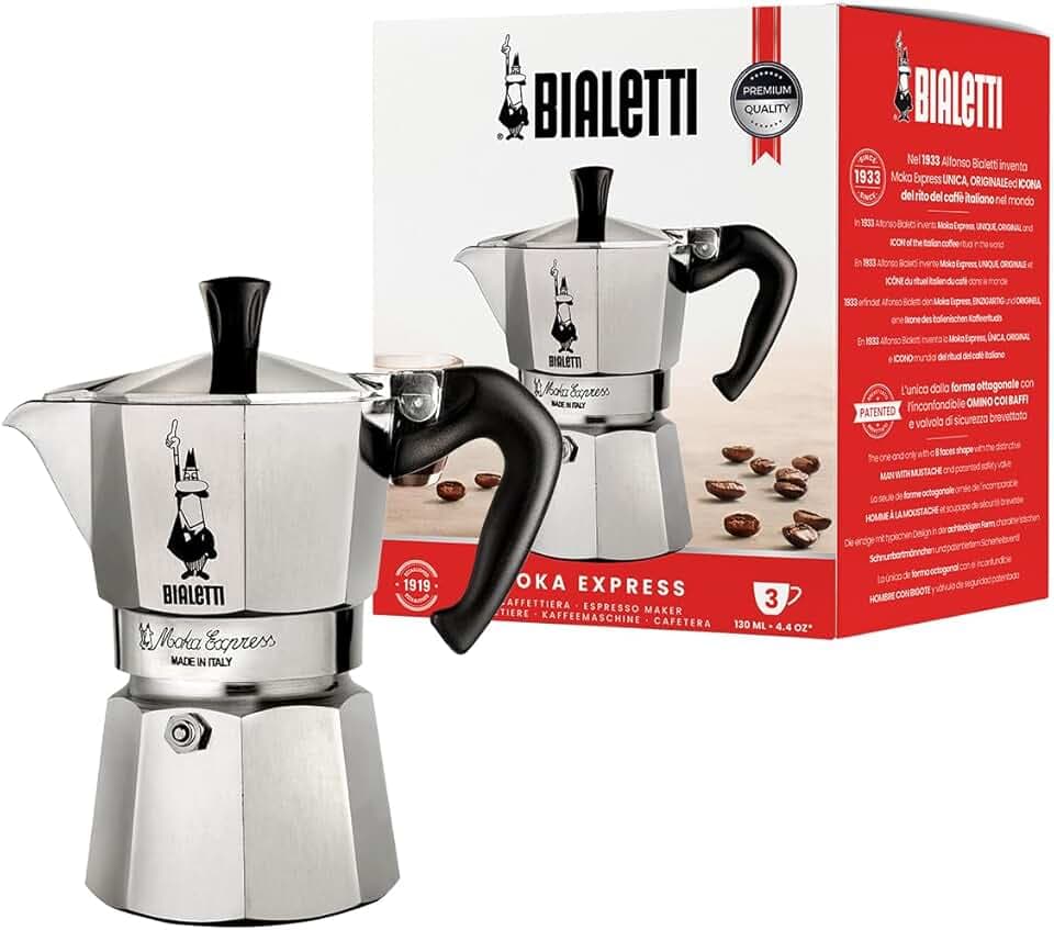 Bialetti - Moka Express: Ikonische Espressomaschine für die Herdplatte, Macht echten Italienischen Kaffee, Moka-Kanne 3 Tassen (130 ml), Aluminium, Silber