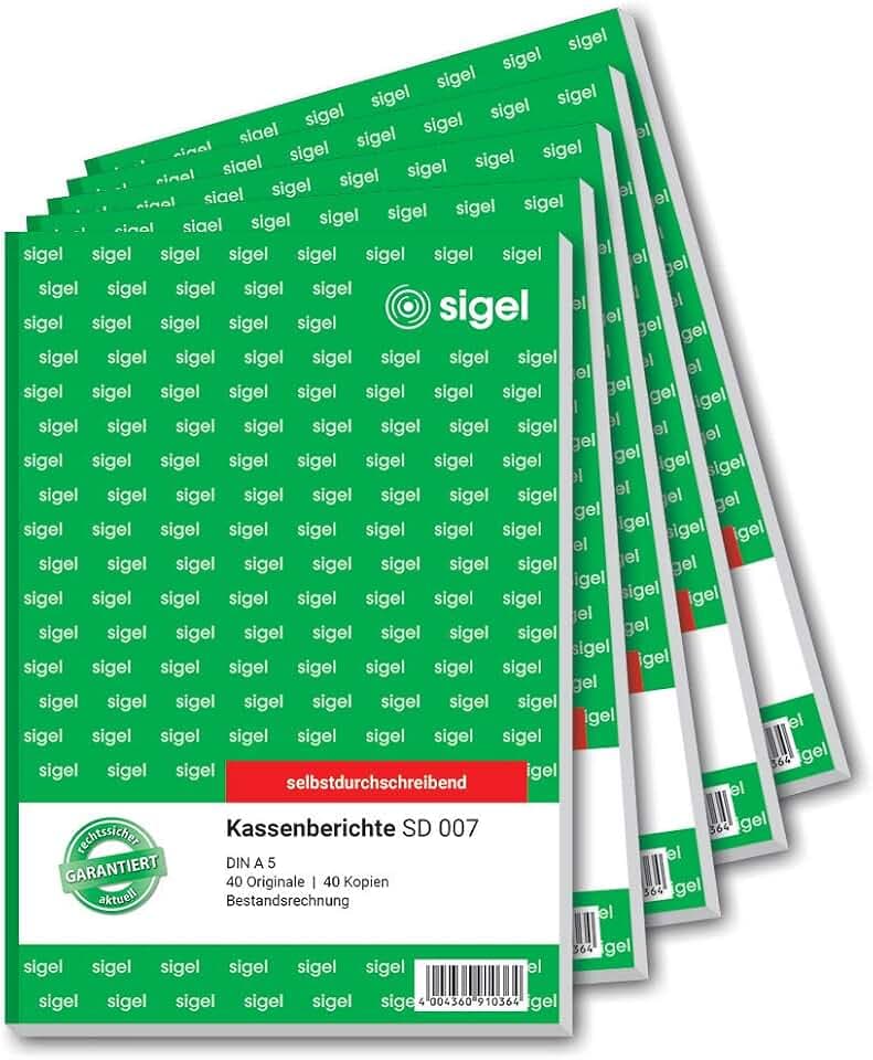 SIGEL SD007/5 Kassenbericht / Bestandsrechnung A5, 2x40 Blatt, selbstdurchschreibend, 5er Pack, mikroperforiert, mit Abheftlochung, aus nachhaltigem Papier