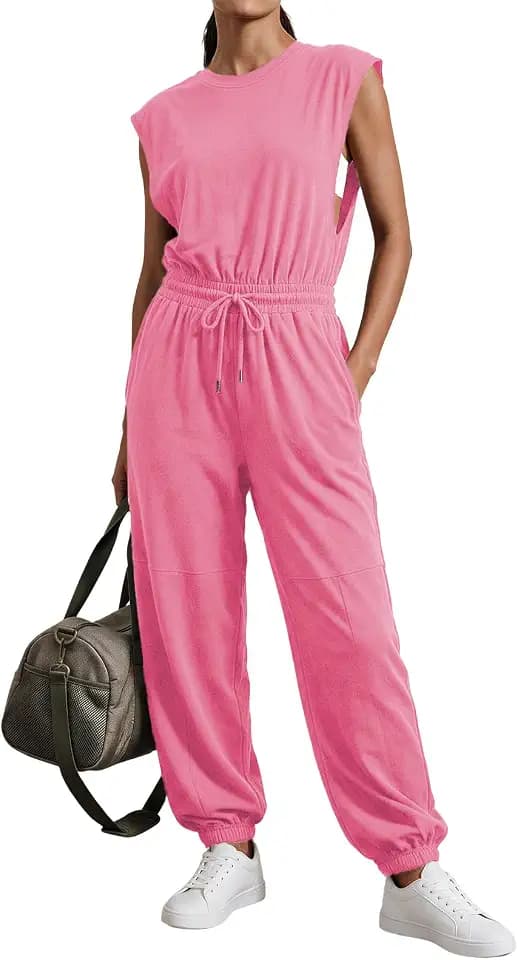 Outfeel Women's Casual Jumpsuit Crewneck Cap Sleeve One Piece Outfits Open Back Button Drawstring Jogger Romper with Pockets