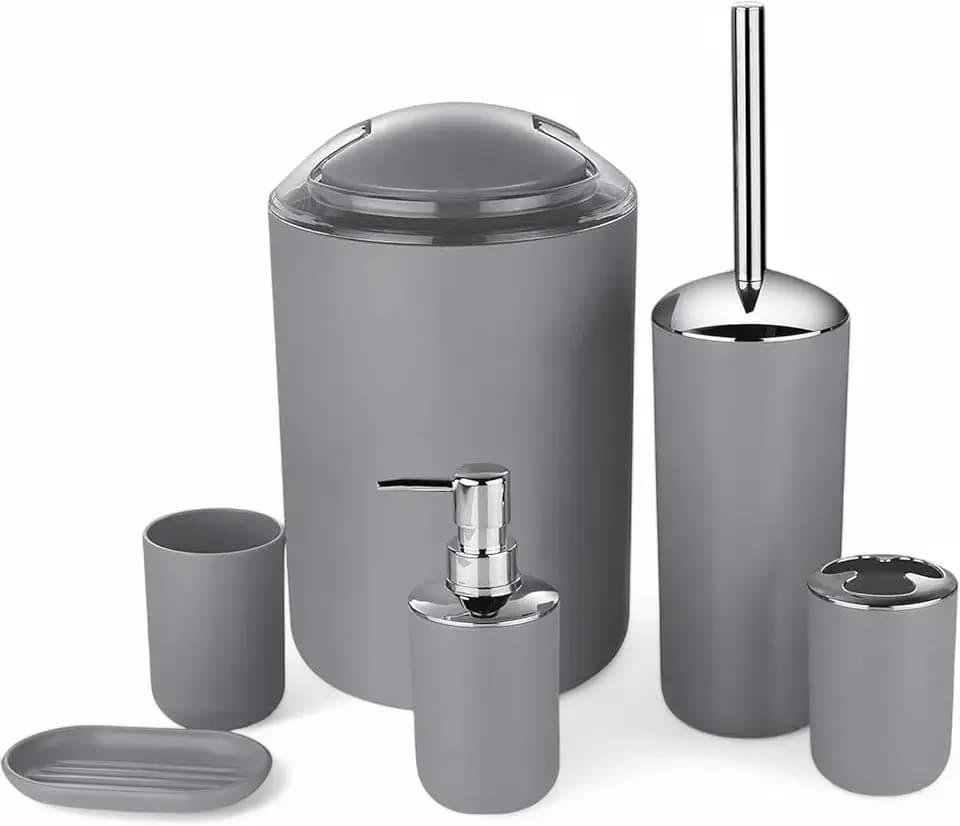 6tlg Badset Badezimmer Zubehör Set Organizer: Seifenspender, Zahnputzbecher, Kosmetikeimer, WC Bürste und Halter, Seifenschale, Mülleimer, Zahnbürstenhalter, Badgarnitur (Grau Design 3)
