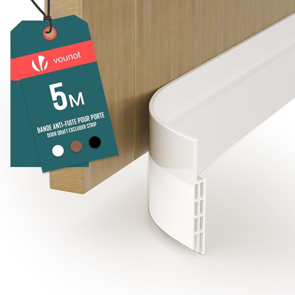 VOUNOT® Zugluftstopper für Türen 500cm, Selbstklebende Türdichtung unten, Türbodendichtung Schallschutz & Kälteschutz, zuschneidbar, Weiß