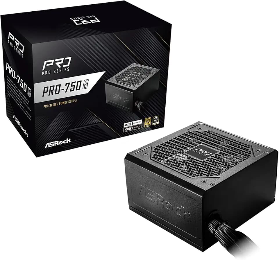 ASRock PRO 750G Power Supply - 750W 80 Plus Gold Certified, ATX 3.1 & PCIe 5.1 Ready, Native 12V-2x6 Connector, 120mm Low-Noise Fan, 3-Year Warranty