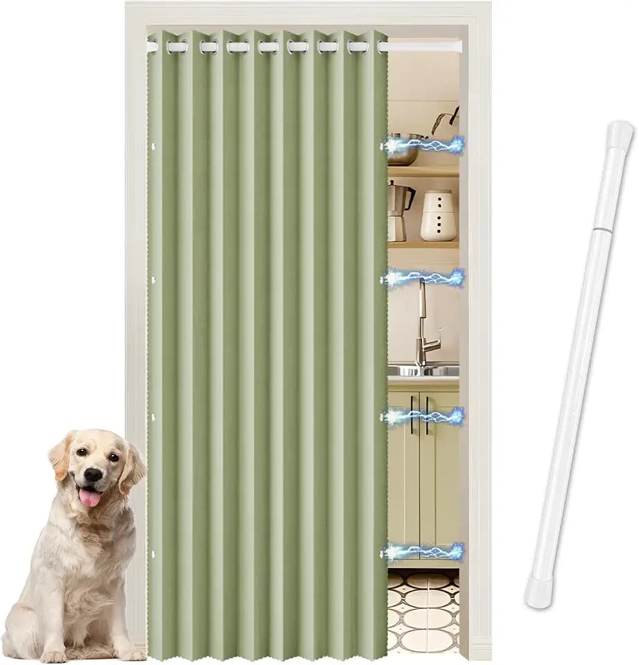 Vorhang Tür mit Teleskopstange ohne Bohren, Verdunkelung Akkordeon-Tür für Wohnzimmer, Türvorhang 195 cm hoch für Küche/Umkleidekabine/Schrank, Stange Weiß 70-128CM