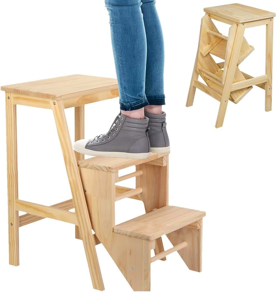 uyoyous Tritt Holz klappbar Tritthocker 3 Stufen Leiterstuhl Holz Trittleiter Trittstuhl bis 100 kg belastbar, Klapptreppe Haushaltstritt klein Klappstufen Hockerleiter für Bibliotheken, Zuhause