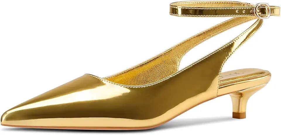 TNYNFBEB Womens Low Kitten Heel Pointed Toe Pumps Slingback Ankle Strap Buckle Prom Party Dress Cute Patent Leather 1.4 Inches Heels