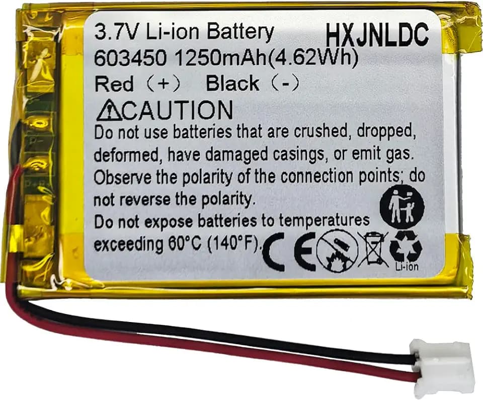 DC 3.7V 1250mAh 603450 Rechargeable Lithium Polymer Battery Suitable for Replacing Built-in 2-Wire Batteries in 3.7-5V Electronic Devices and LED Lights