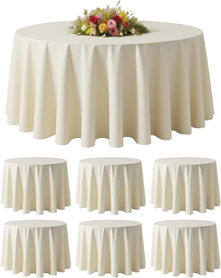 BESTVIP 6 Pack 120" Ivory Round Tablecloths | Fits 48"-78" Tables | Polyester Washable Fabric for Wedding, Party, Buffets,Banquet, Restaurant