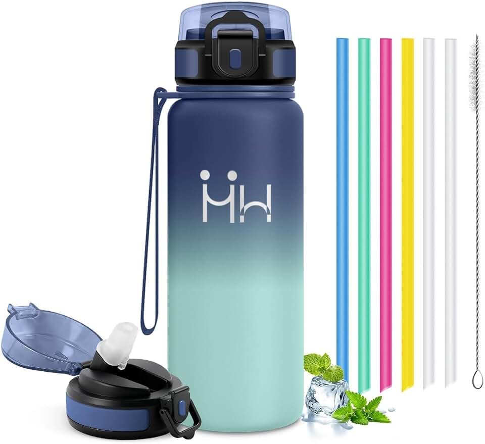 Thermosflasche 750ml, Trinkflasche mit Strohhalm, BPA-Frei, Kohlensäure Geeignet, Auslaufsicher Isolierflasche Doppelwandig, für Fahrrad, Gym
