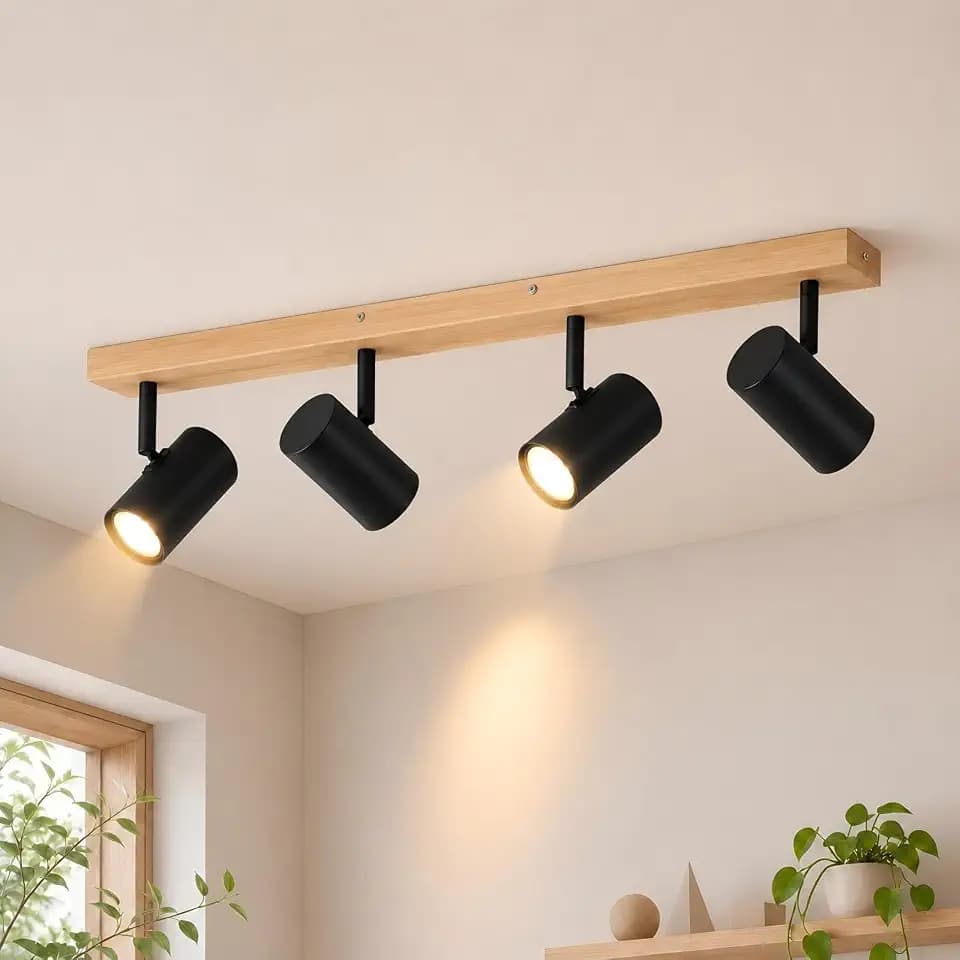 Glitzerlife Deckenstrahler 4 Flammig Holz Deckenlampe Schwarz Deckenspots | GU10 Flurlampe Schwenkbar 350°Vintage Deckenleuchte Flur für Wohnzimmer Schlafzimmer Esstisch Küche Kindzimmer MAX.25W