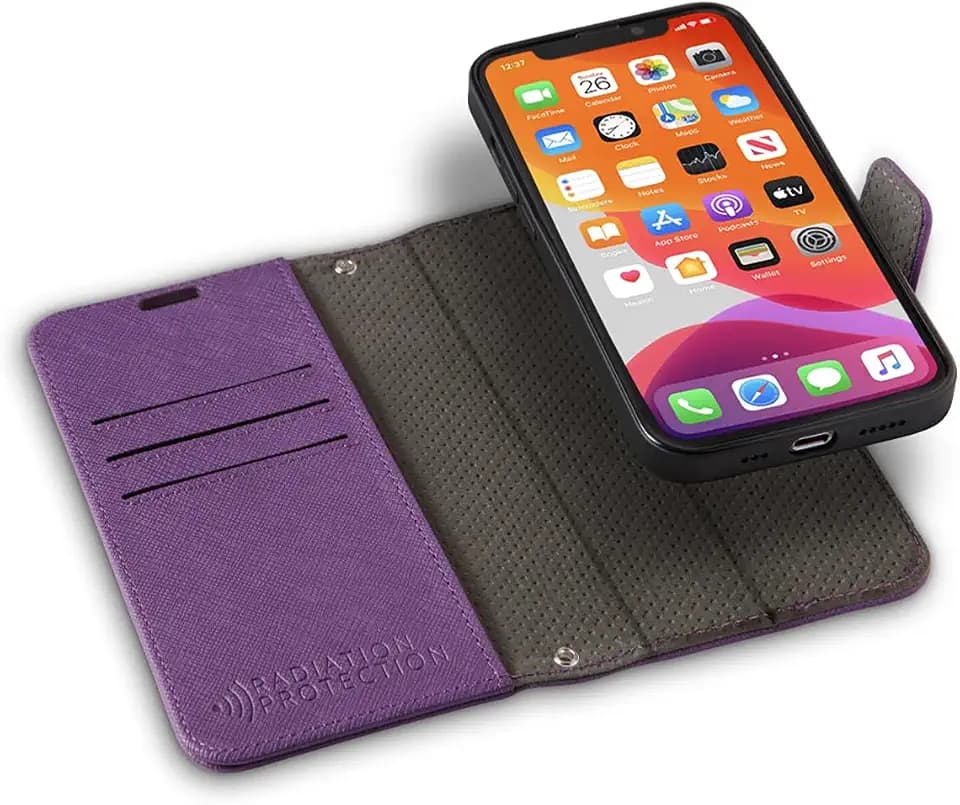 SafeSleeve EMF Blocker Detachable Leather Wallet Case for iPhone 16, Purple