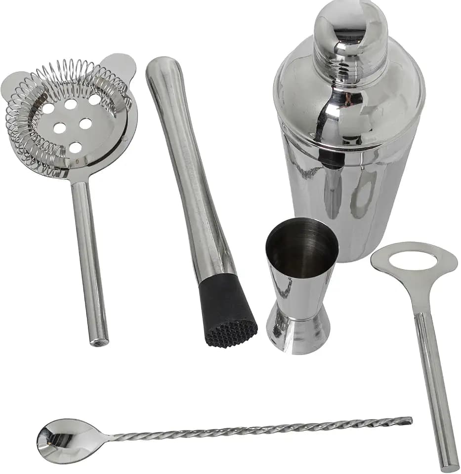 SET 6 UTENSILIOS COCKTAIL ACERO INOX. BRILLO_COCTELERA 550ML,CUCHARA 28CM
