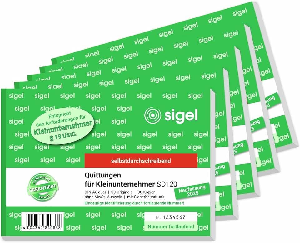 Sigel Quittungsblock Kleinunternehmer A6 5 Stück 2x30 | SD120/5, selbstdurchschreibend, fortlaufend nummeriert mit eindeutiger 7-stelliger Nummer