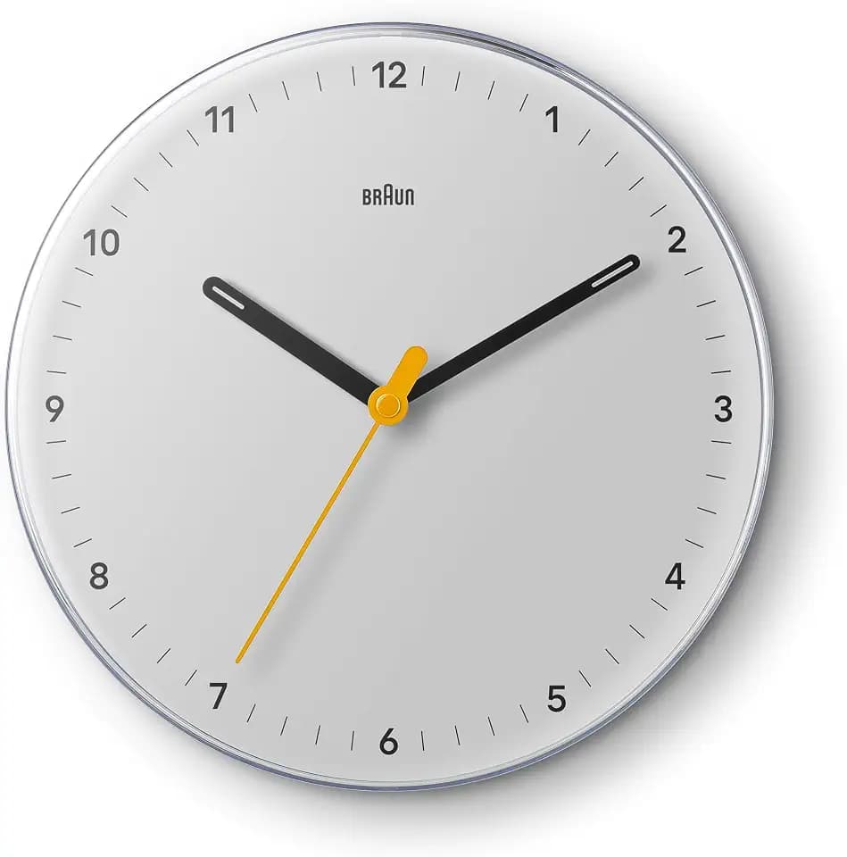 Braun Klassische analoge Wanduhr geräuschlosem Quarzwerk, gut ablesbar, 23 cm Durchmesser in Weiß, Modell BC26W.