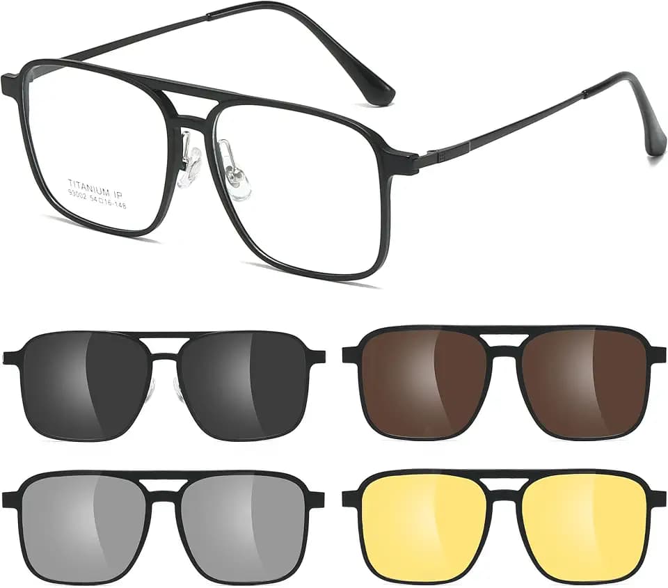 Titanium Aviator Glasses Frame Men for Big Face Square Magnetic Sunglasses Eyeglasses With 4Pcs UV Polarized clip on