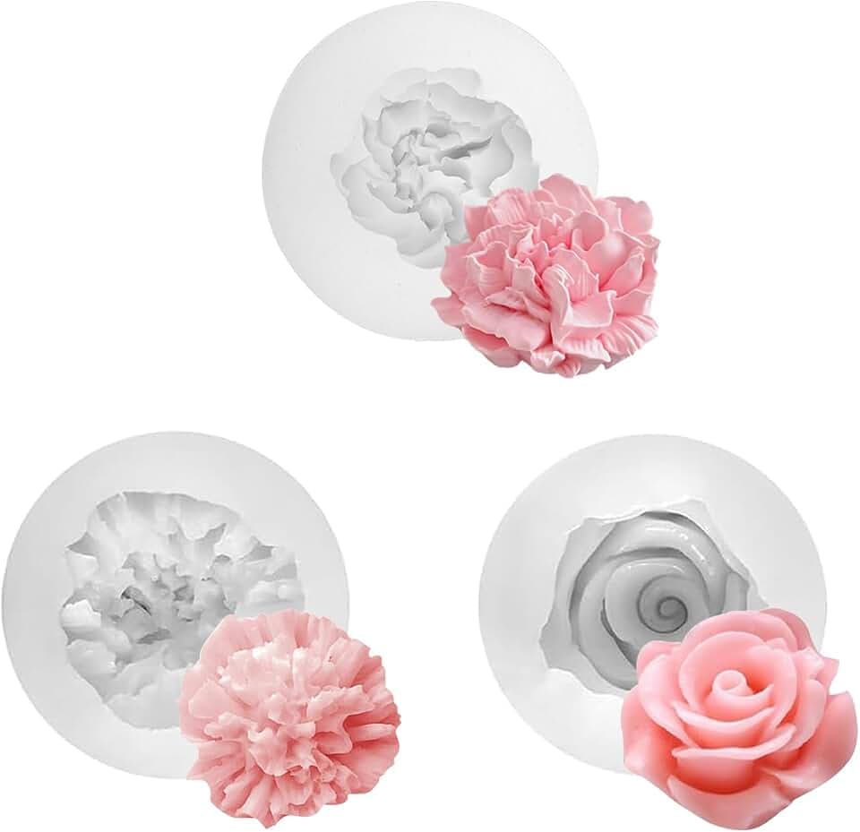 Janety 3 Stück Kerzen Formen Silikon, Rose Nelke Pfingstrose silikonformen kerzen, DIY Blume Silikonform mit Docht und Halter,3D Silikonform Kerzenformen Zum GießEn
